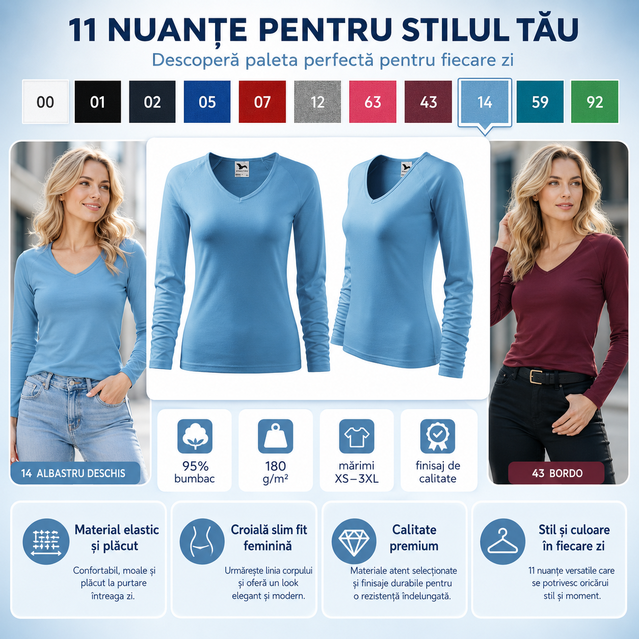 Specificații bluză damă Malfini Elegance 127, 95% bumbac, 5% elastan, 180 g/m&sup2; și spălare la 30&deg;C